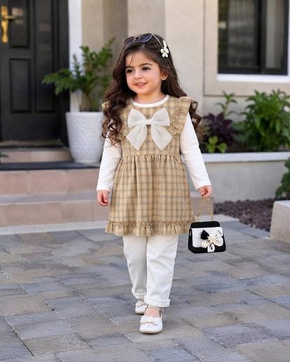 Baby Girls Yellow Plaid Ruffled Sleeveless Dress with White Bow (Only Frock)