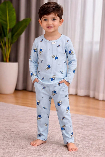 Boys Light Blue Astronaut & Rocket Print Long-Sleeve Nightwear Pajama Set (2-Piece)