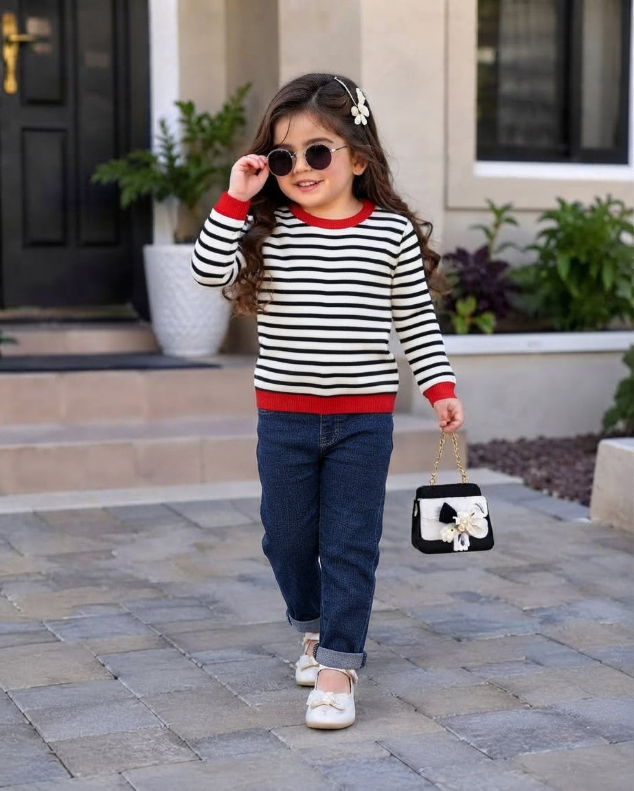 Kids Black & White Striped Knit Sweater with Red Trim (Only Top)