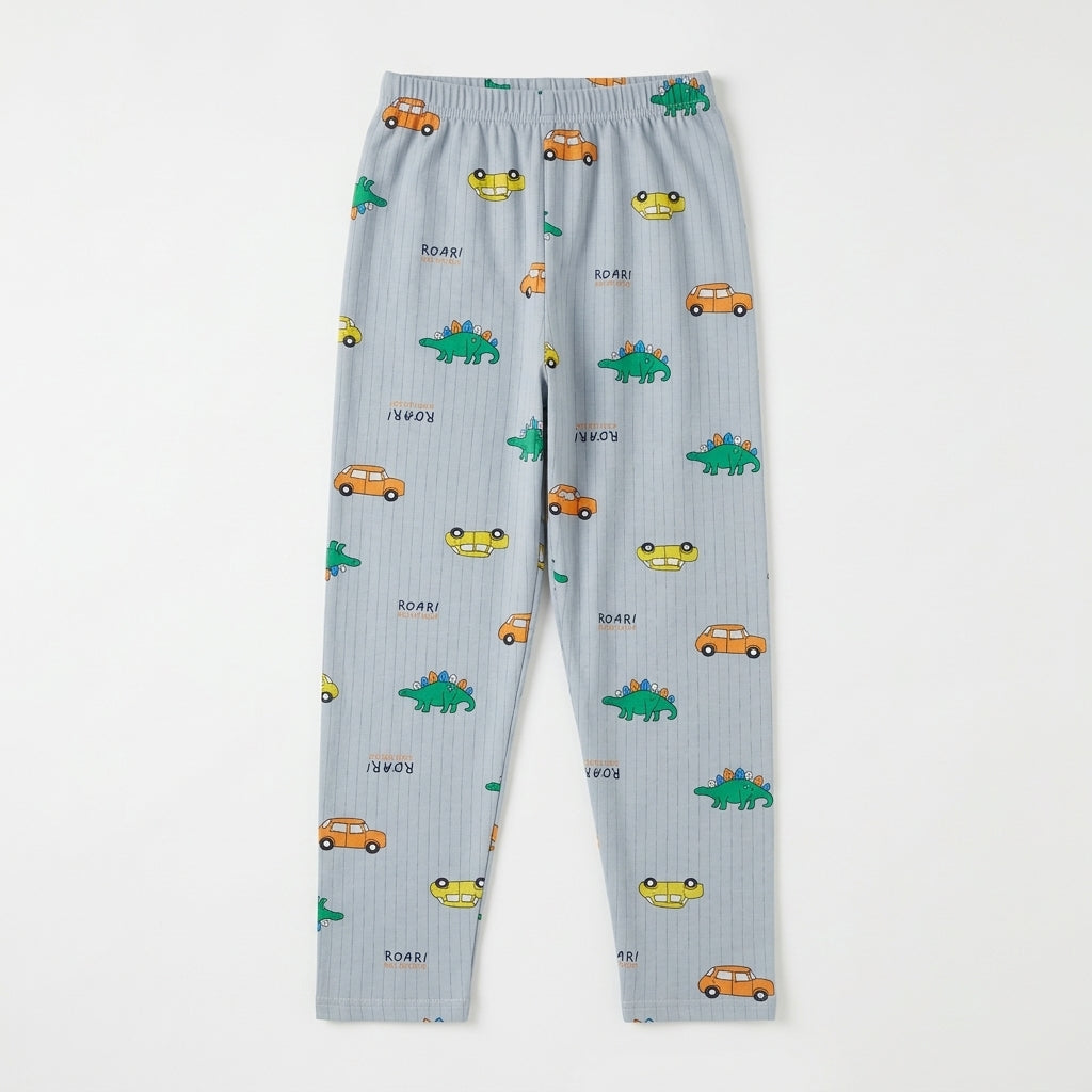 Boys Grey Ribbed Dinosaur & Car Print Long-Sleeve Nightwear Pajama Set (2-Piece)