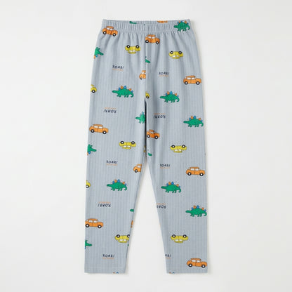 Boys Grey Ribbed Dinosaur & Car Print Long-Sleeve Nightwear Pajama Set (2-Piece)