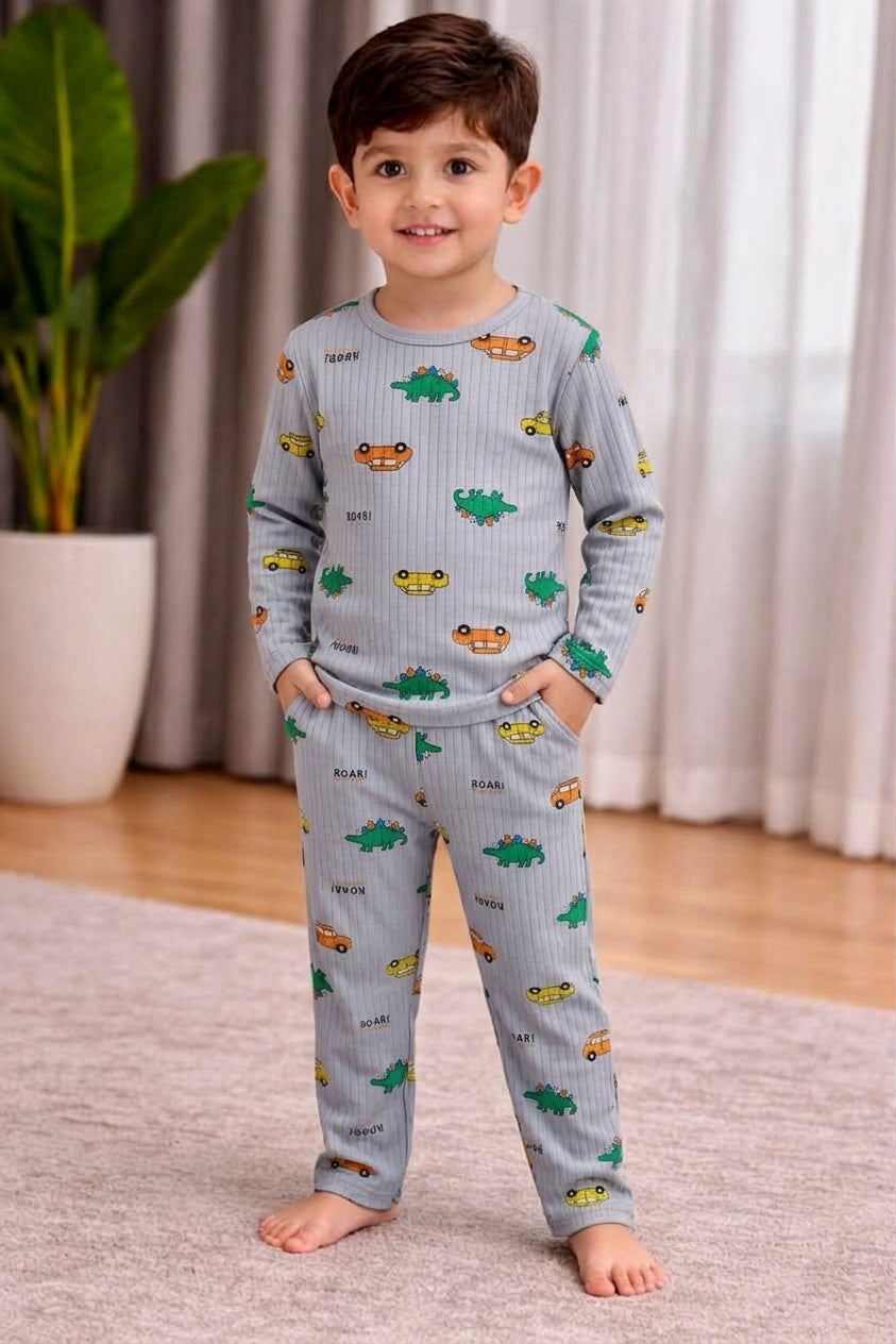 Boys Grey Ribbed Dinosaur & Car Print Long-Sleeve Nightwear Pajama Set (2-Piece)