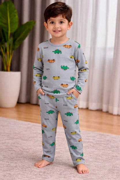 Boys Grey Ribbed Dinosaur & Car Print Long-Sleeve Nightwear Pajama Set (2-Piece)