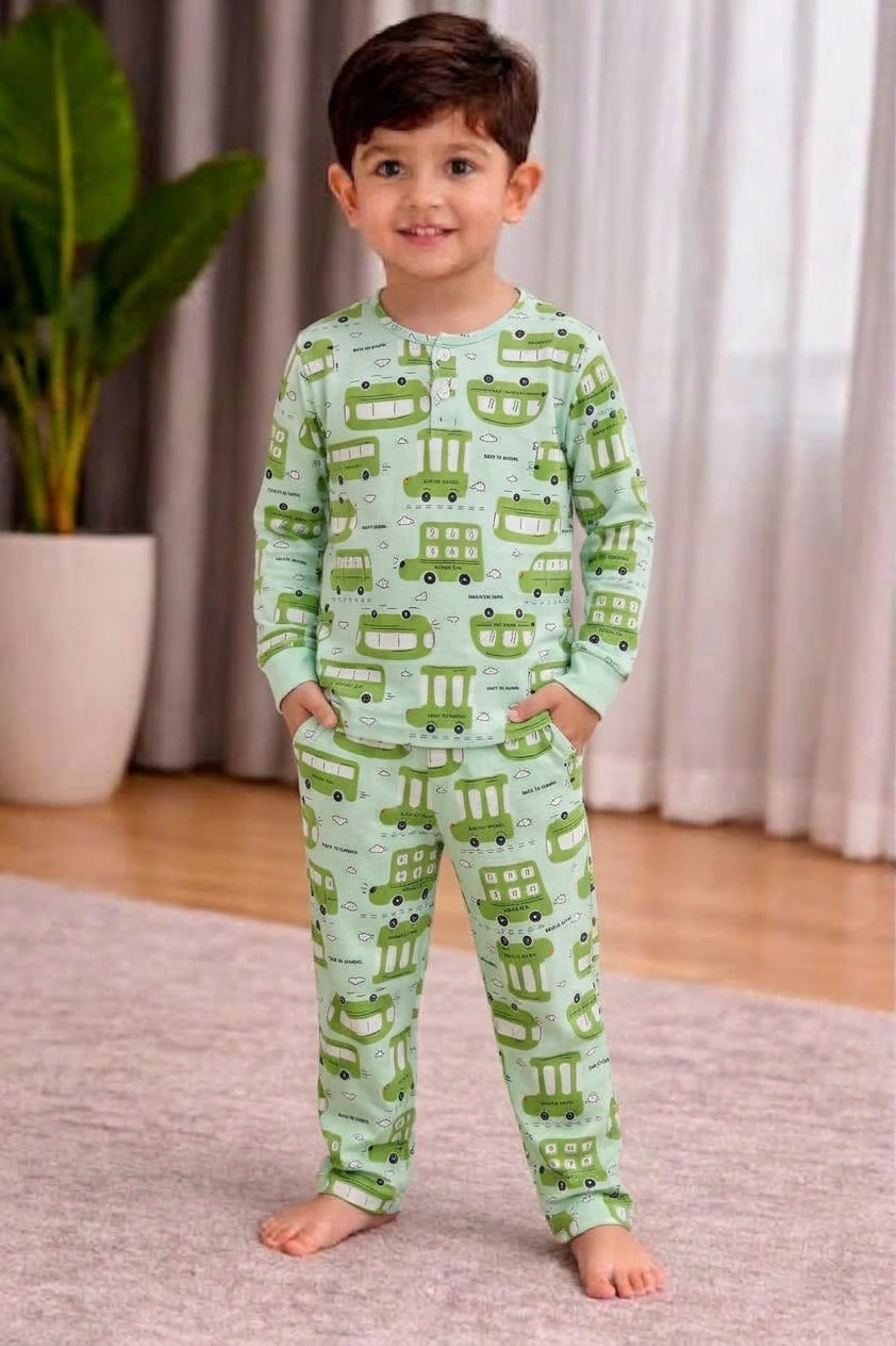 Boys Mint Green Double-Decker Bus Print Long-Sleeve Nightwear Pajama Set (2-Piece)