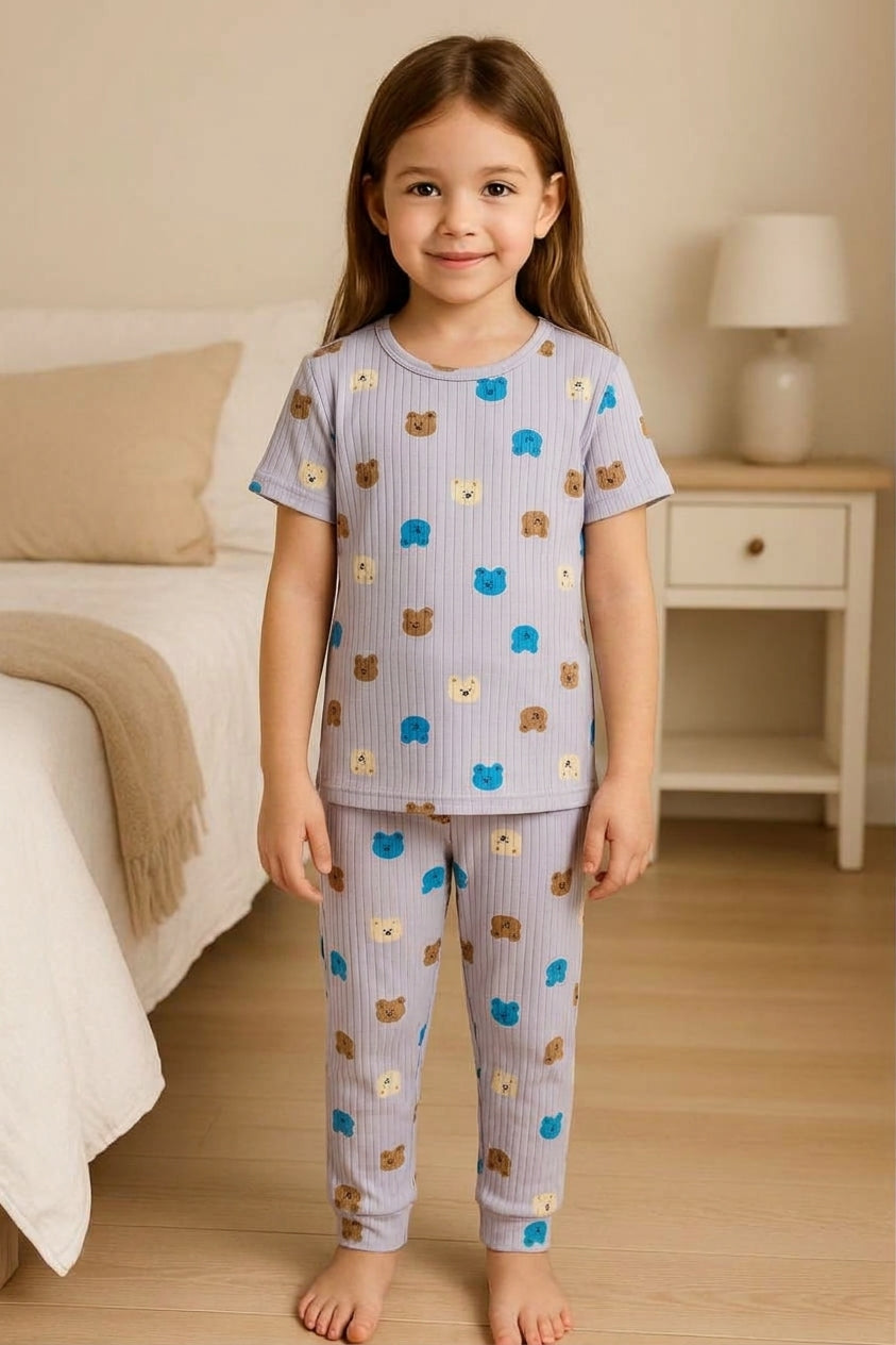 Girls Light Purple Bear Print Short-Sleeve Ribbed Nightwear Pajama Set (2-Piece)