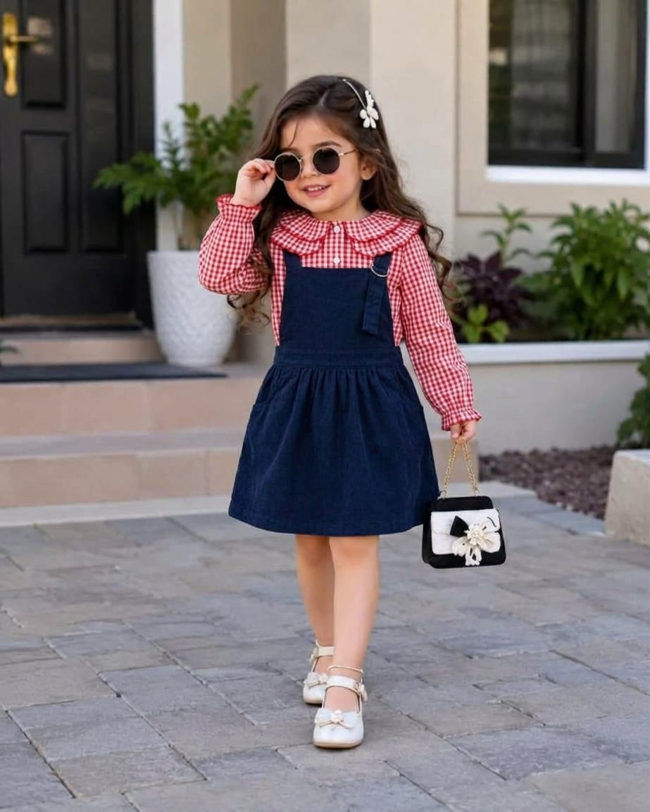 Girls Red Gingham Long-Sleeve Shirt and Navy Blue Pinafore Jumper Dress 2-Piece Set
