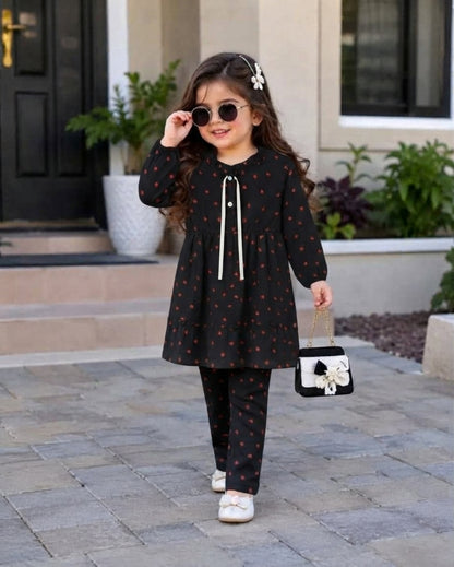 Girls Black & Red Floral Print Long-Sleeve Ruffle Tiered Party (Only Shirt)