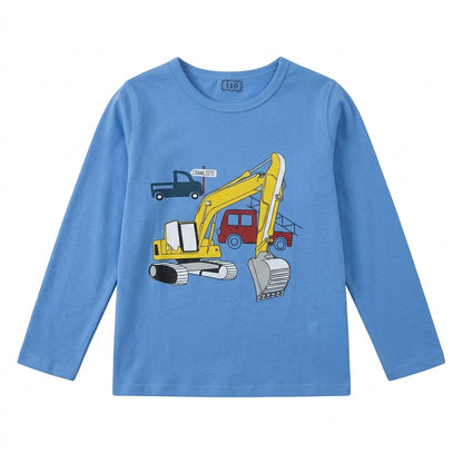 Boys Blue Construction Excavator Long-Sleeve Nightwear Pajama Set with Peach Printed Pants (2-Piece)