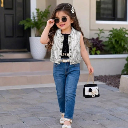Girls Metallic Silver Sleeveless Denim Vest Jacket (Only Vest)