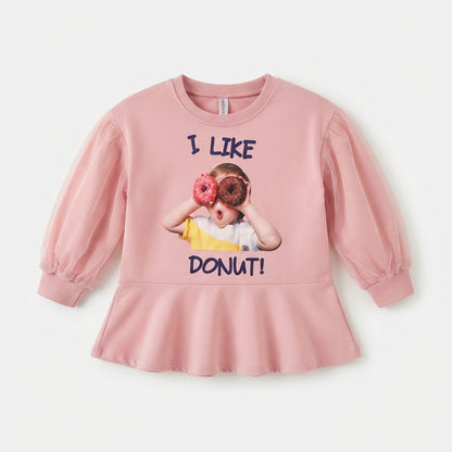 Girls Pink "I Like Donut!" Graphic Peplum Top with Sheer Sleeves (Only Top)