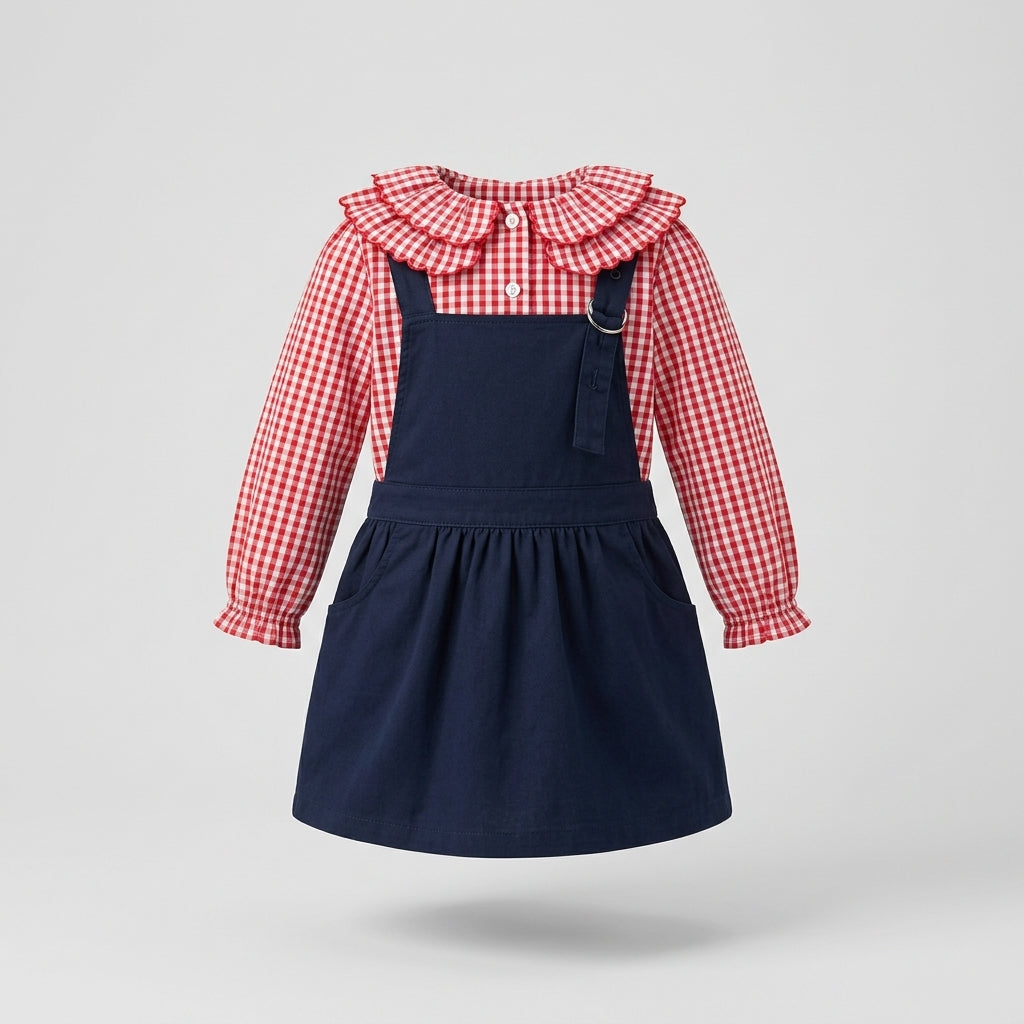 Girls Red Gingham Long-Sleeve Shirt and Navy Blue Pinafore Jumper Dress 2-Piece Set