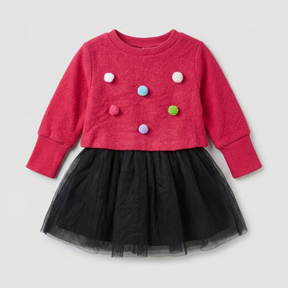 Baby & Toddler Girls Dark Pink Pom-Pom Fleece Long-Sleeve Black Tulle Dress (Only Dress)
