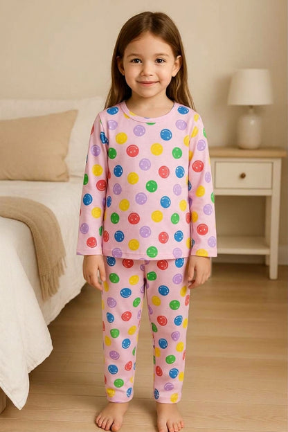 Girls Light Pink Multi-Color Smiley Face Print Long-Sleeve Nightwear Pajama Set (2-Piece)