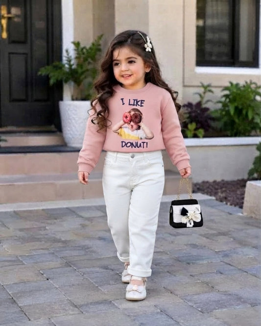 Girls Pink "I Like Donut!" Graphic Peplum Top with Sheer Sleeves (Only Top)