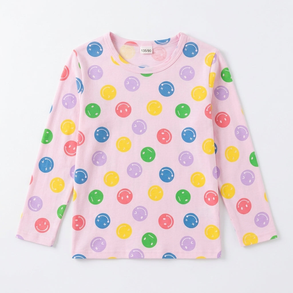 Girls Light Pink Multi-Color Smiley Face Print Long-Sleeve Nightwear Pajama Set (2-Piece)