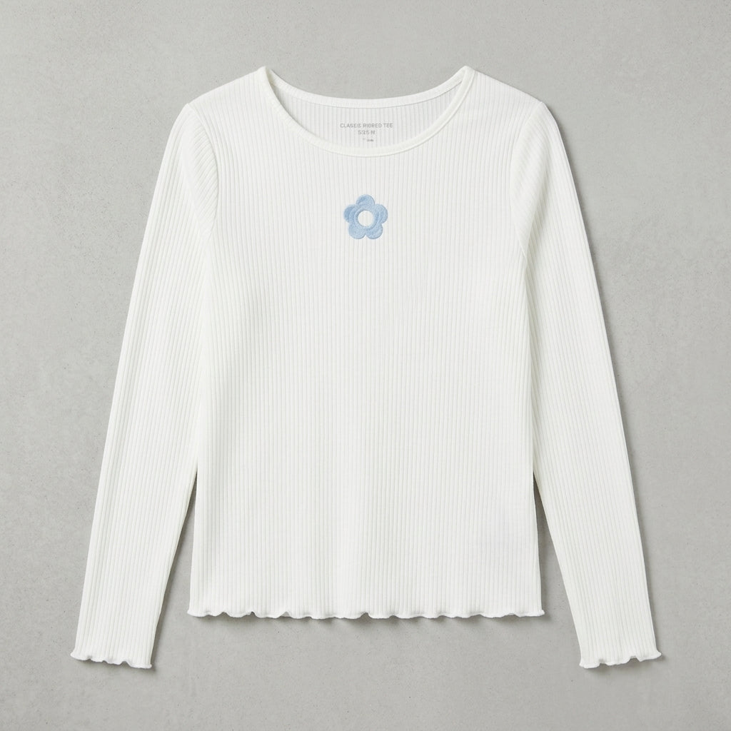 Girls Off-White Ribbed Long-Sleeve T-Shirt with Embroidered Blue Flower (Only Top)