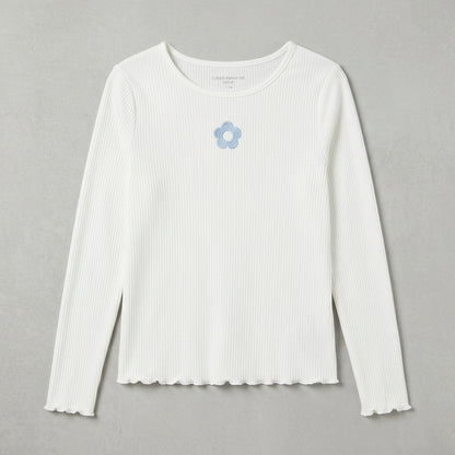Girls Off-White Ribbed Long-Sleeve T-Shirt with Embroidered Blue Flower (Only Top)