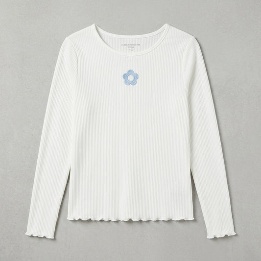 Girls Off-White Ribbed Long-Sleeve T-Shirt with Embroidered Blue Flower (Only Top)