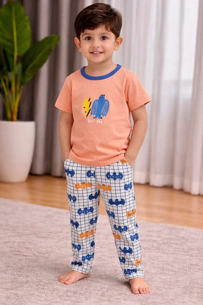 Boys Peach & White "Bat Boy" Graphic Short-Sleeve Pajama Set (2-Piece)