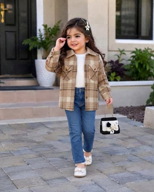 Kids Beige & Brown Plaid Button-Down Flannel Shacket (Only COAT)