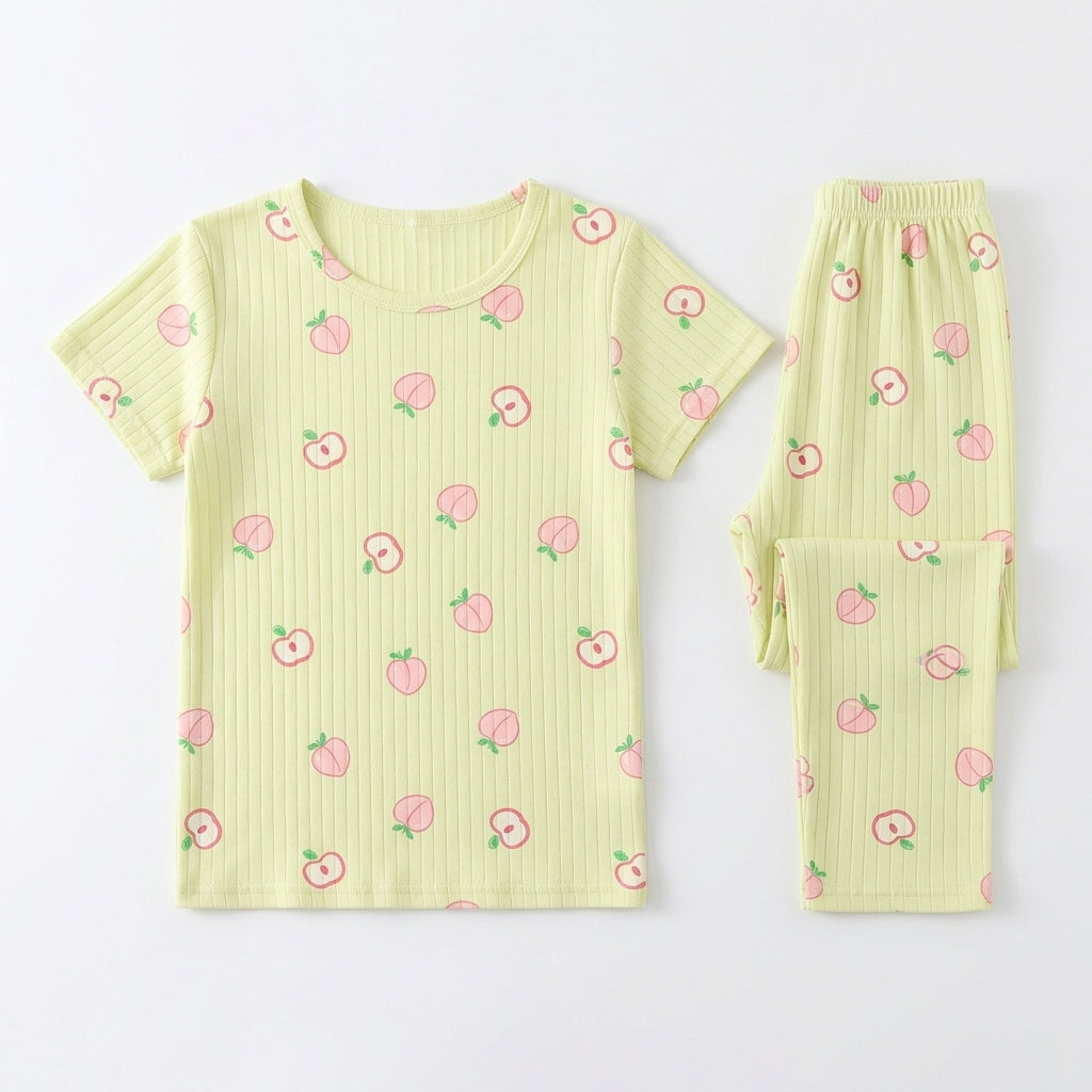 Girls Light Yellow Peach Print Short-Sleeve Ribbed Nightwear Pajama Set (2-Piece)
