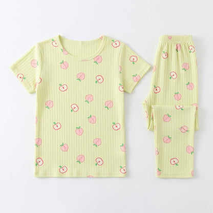 Girls Light Yellow Peach Print Short-Sleeve Ribbed Nightwear Pajama Set (2-Piece)