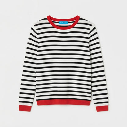 Kids Black & White Striped Knit Sweater with Red Trim (Only Top)