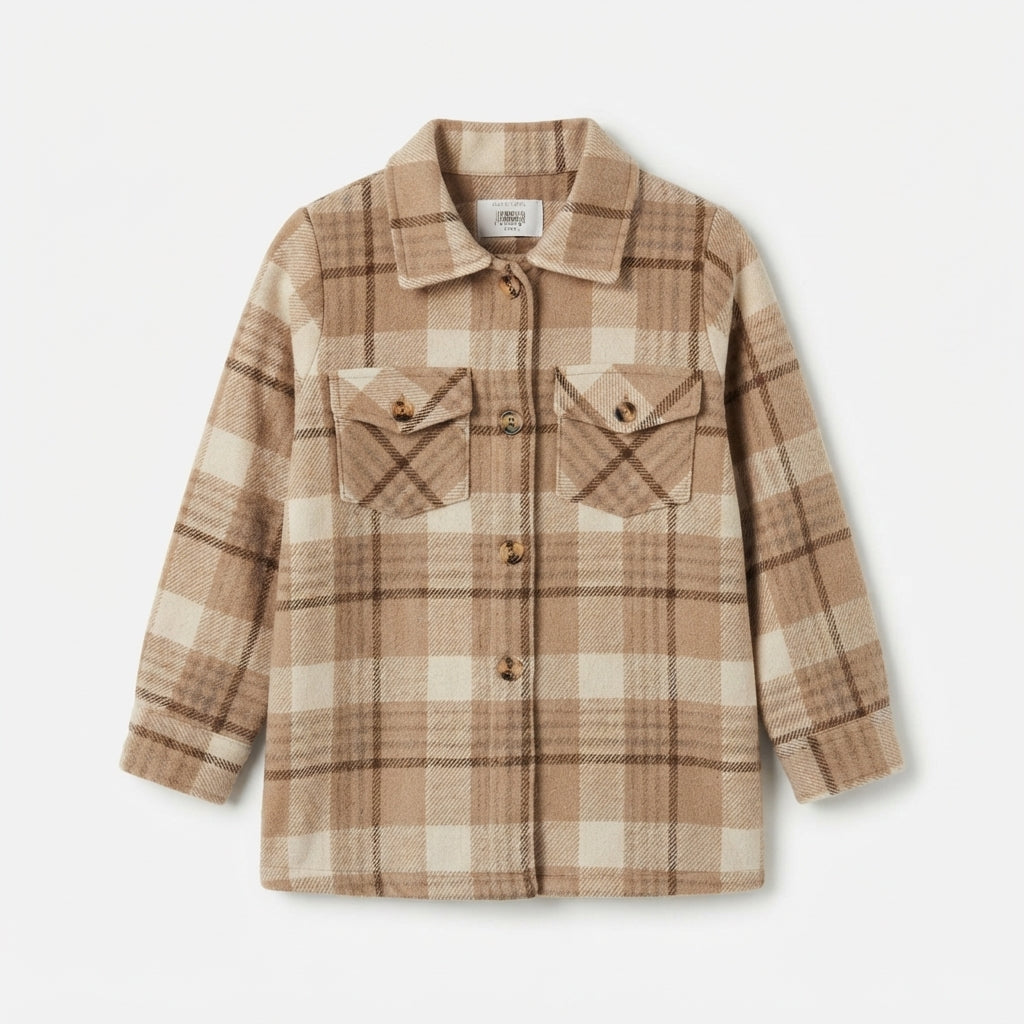 Kids Beige & Brown Plaid Button-Down Flannel Shacket (Only COAT)