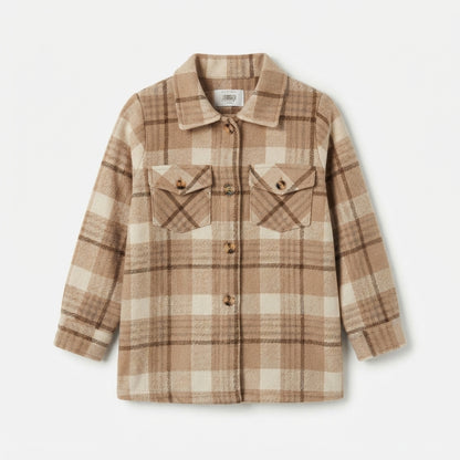 Kids Beige & Brown Plaid Button-Down Flannel Shacket (Only COAT)