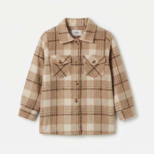 Kids Beige & Brown Plaid Button-Down Flannel Shacket (Only COAT)