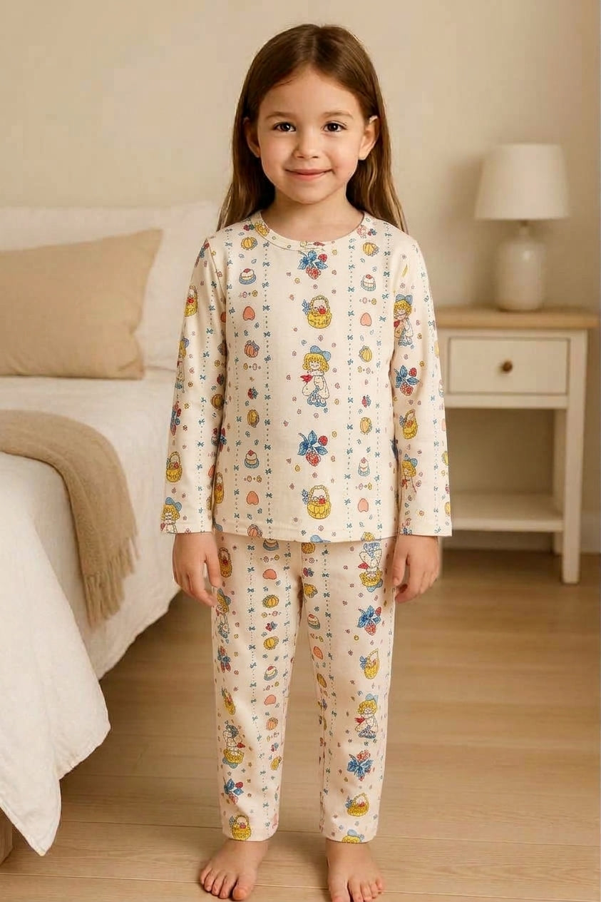 Girls Cream Vintage Illustration Long-Sleeve Nightwear Pajama Set (2-Piece)