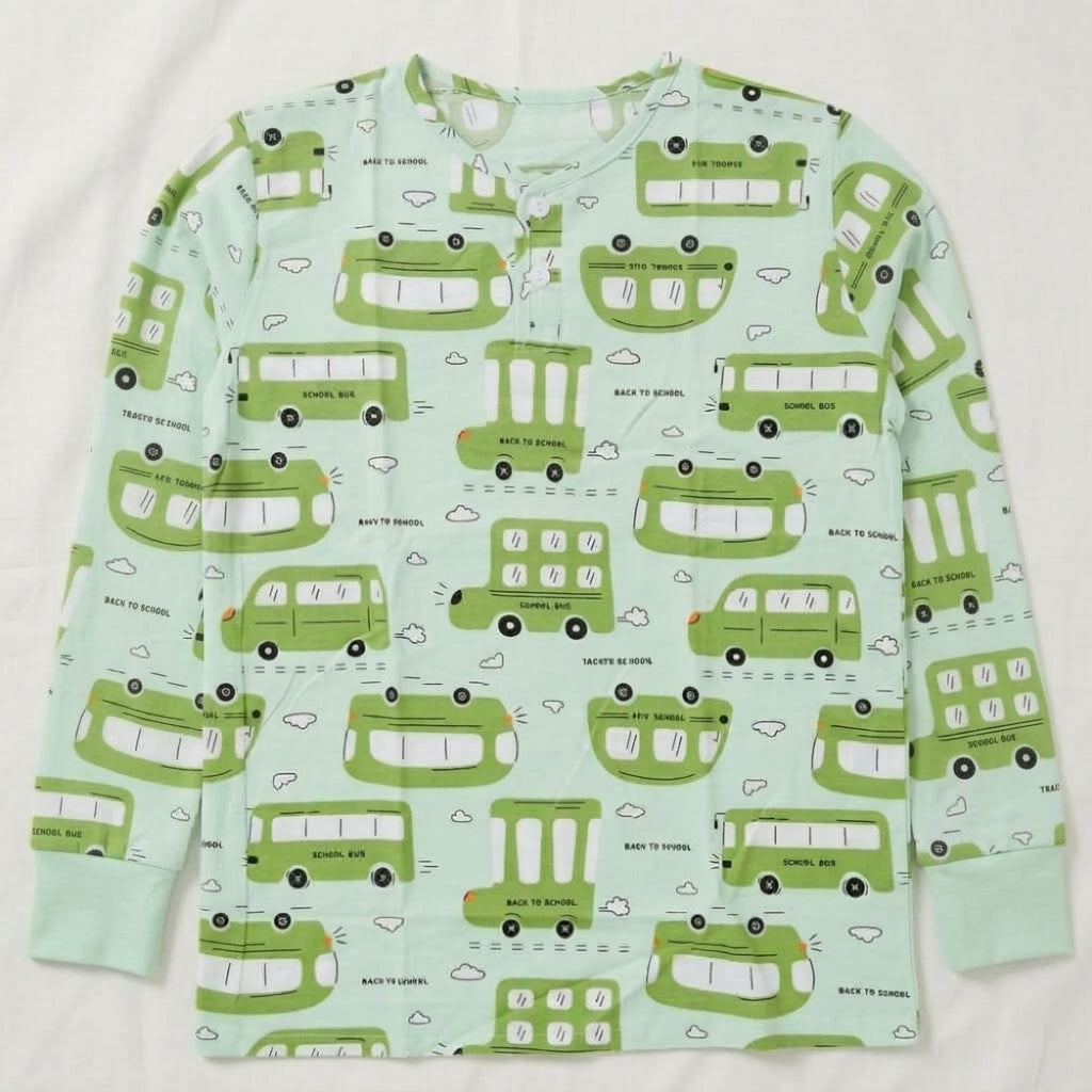 Boys Mint Green Double-Decker Bus Print Long-Sleeve Nightwear Pajama Set (2-Piece)