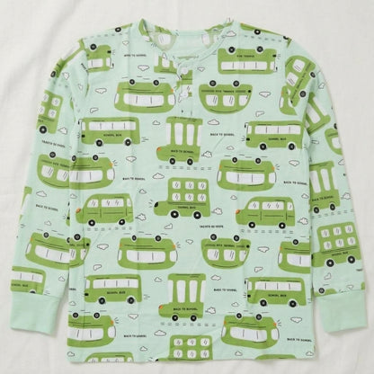 Boys Mint Green Double-Decker Bus Print Long-Sleeve Nightwear Pajama Set (2-Piece)