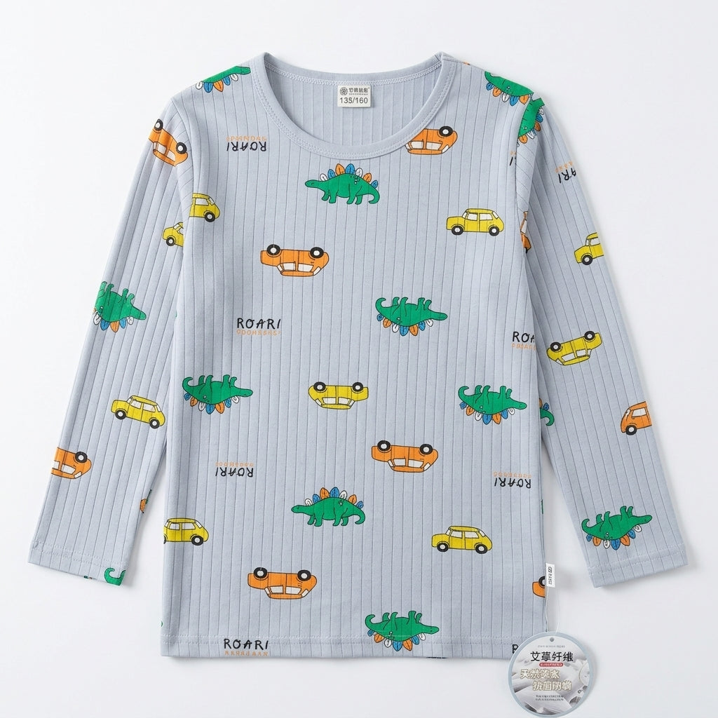 Boys Grey Ribbed Dinosaur & Car Print Long-Sleeve Nightwear Pajama Set (2-Piece)