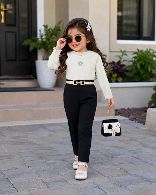 Girls Off-White Ribbed Long-Sleeve T-Shirt with Embroidered Blue Flower (Only Top)