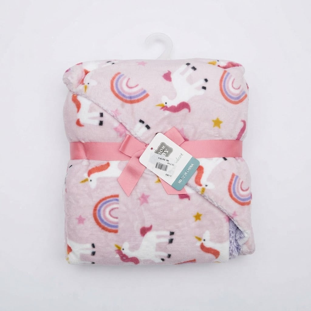 Pink Unicorn and Rainbow Plush Baby Blanket