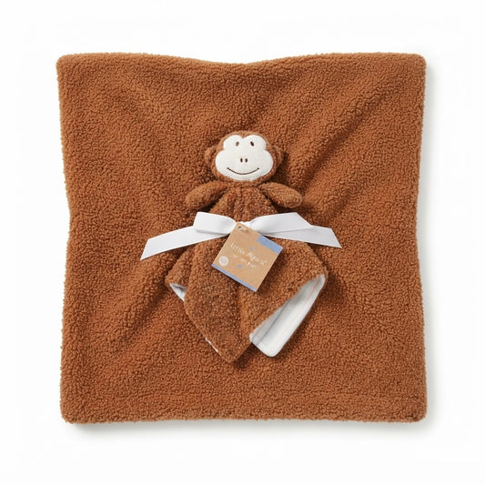 Little Alpaca Brown Sherpa Baby Blanket with Monkey Toy