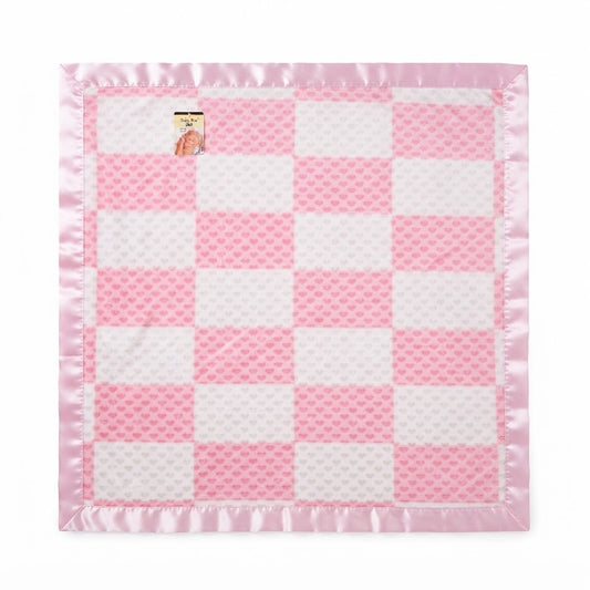 Baby Pink and White Checkered Fleece Blanket with Satin Trim