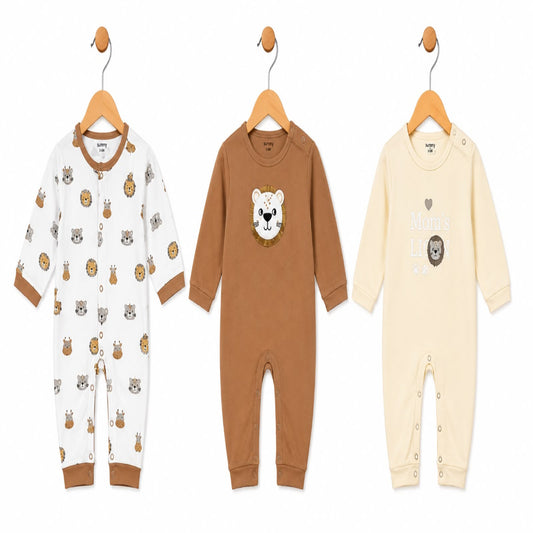 Baby Cotton Full-Sleeve Lion Print Rompers / Sleepsuits (3-Piece Pack)