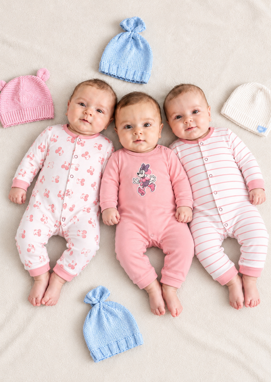 Baby Cotton Full-Sleeve Minnie Mouse & Stripe Rompers / Sleepsuits (3-Piece Pack)