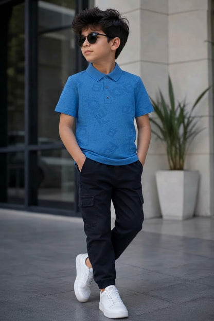 Fendi Kids Blue All-Over Logo Print Cotton Polo Shirt