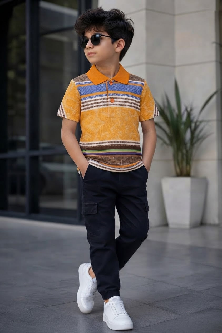 Boys Orange & Blue Patterned Polo Shirt | Casual Summer Wear for Kids