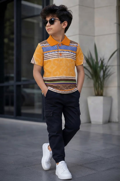 Boys Orange & Blue Patterned Polo Shirt | Casual Summer Wear for Kids