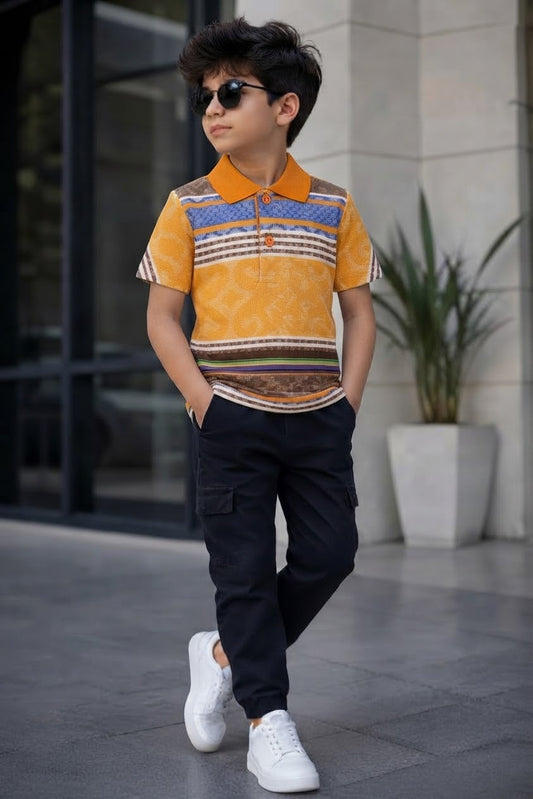 Boys Orange & Blue Patterned Polo Shirt | Casual Summer Wear for Kids