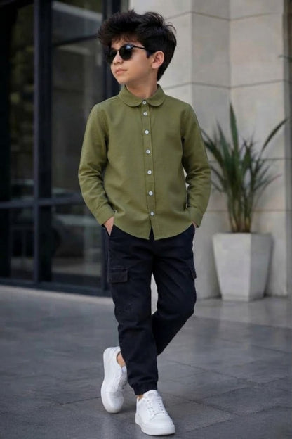 Boys Olive Green Mandarin Collar Casual Full-Sleeve Shirt