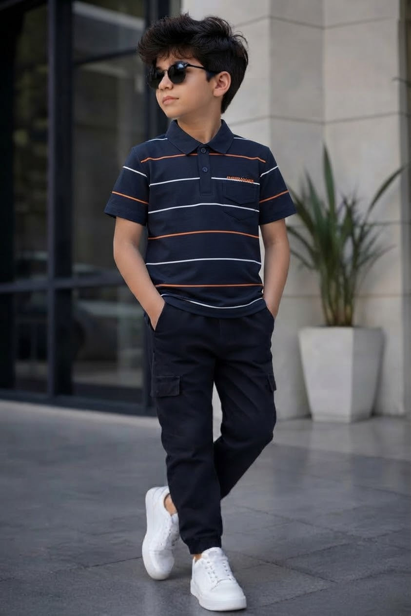 Navy Blue Striped Boys Polo Shirt with Pocket | Smart Casual Kids Wear