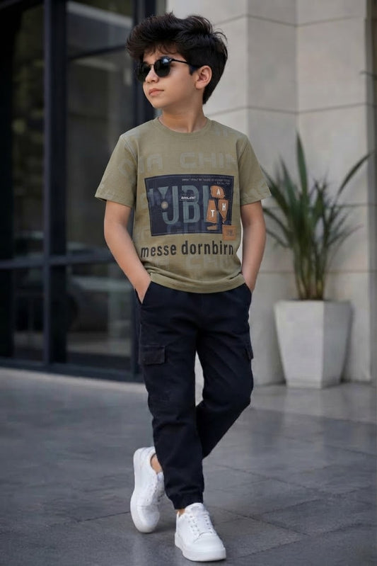 Boys Khaki & Olive Printed Graphic T-Shirt | Casual Summer Kids Wear