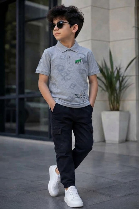 Stylish Grey Typography Print Boys Polo Shirt | Zubaida's Casual Kids Wear