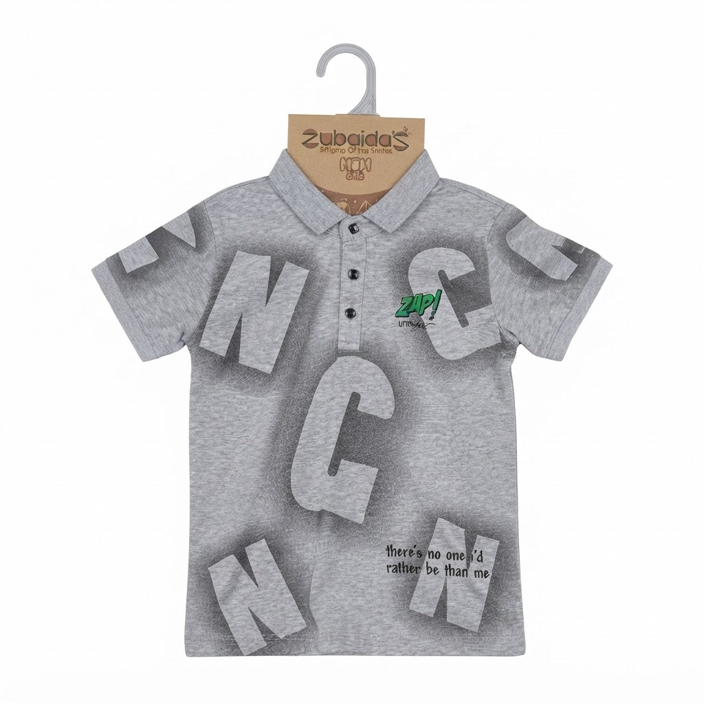 Stylish Grey Typography Print Boys Polo Shirt | Zubaida's Casual Kids Wear
