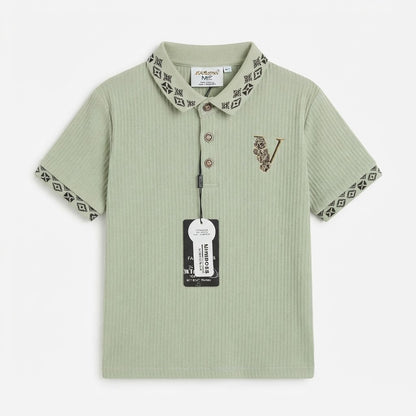 Boys Casual Sage Green Polo Shirt With Patterned Collar & Cuffs
